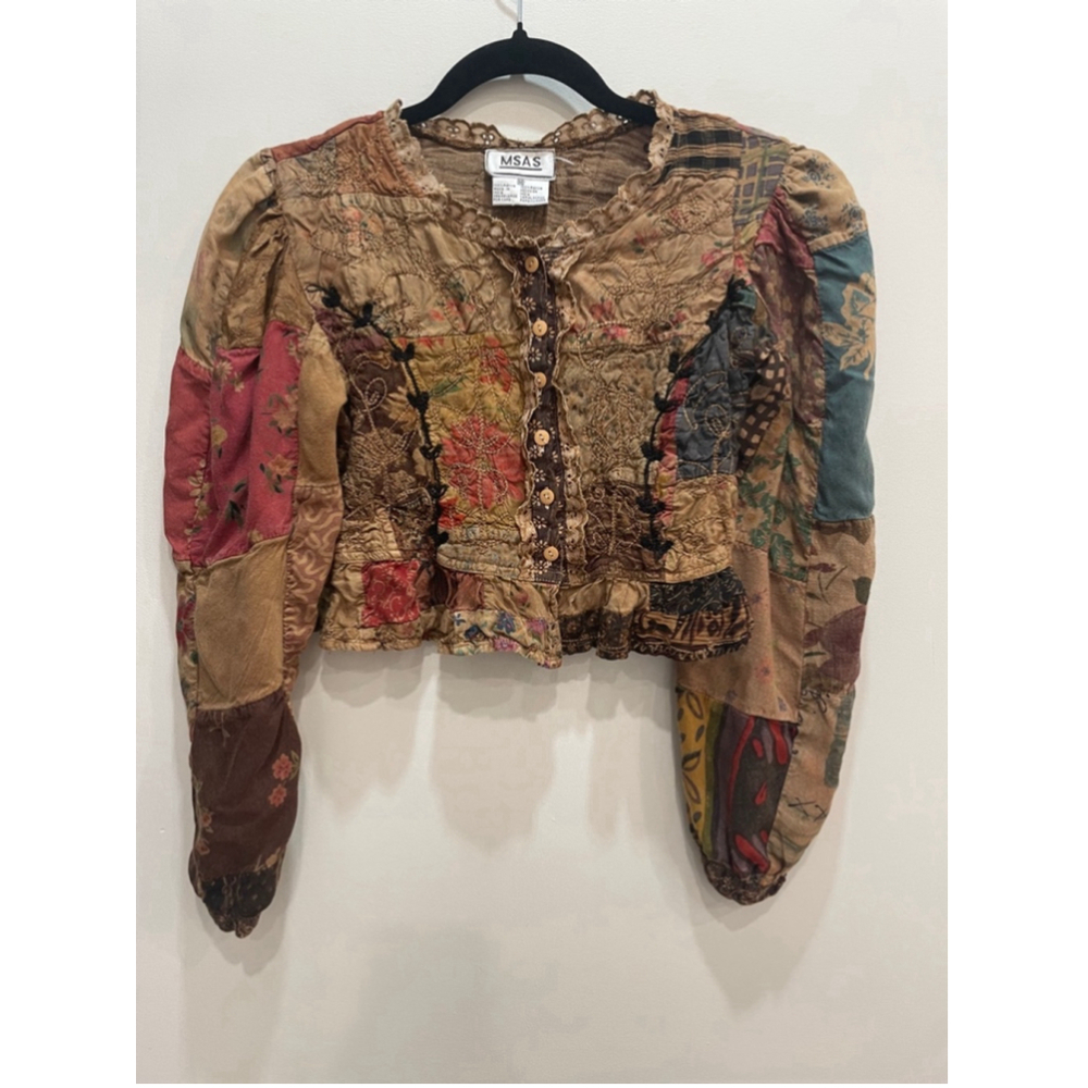 Vintage MSAS Patchwork Blouse M Puff Sleeve Crop Forest Fairy Grunge Whimsigoth